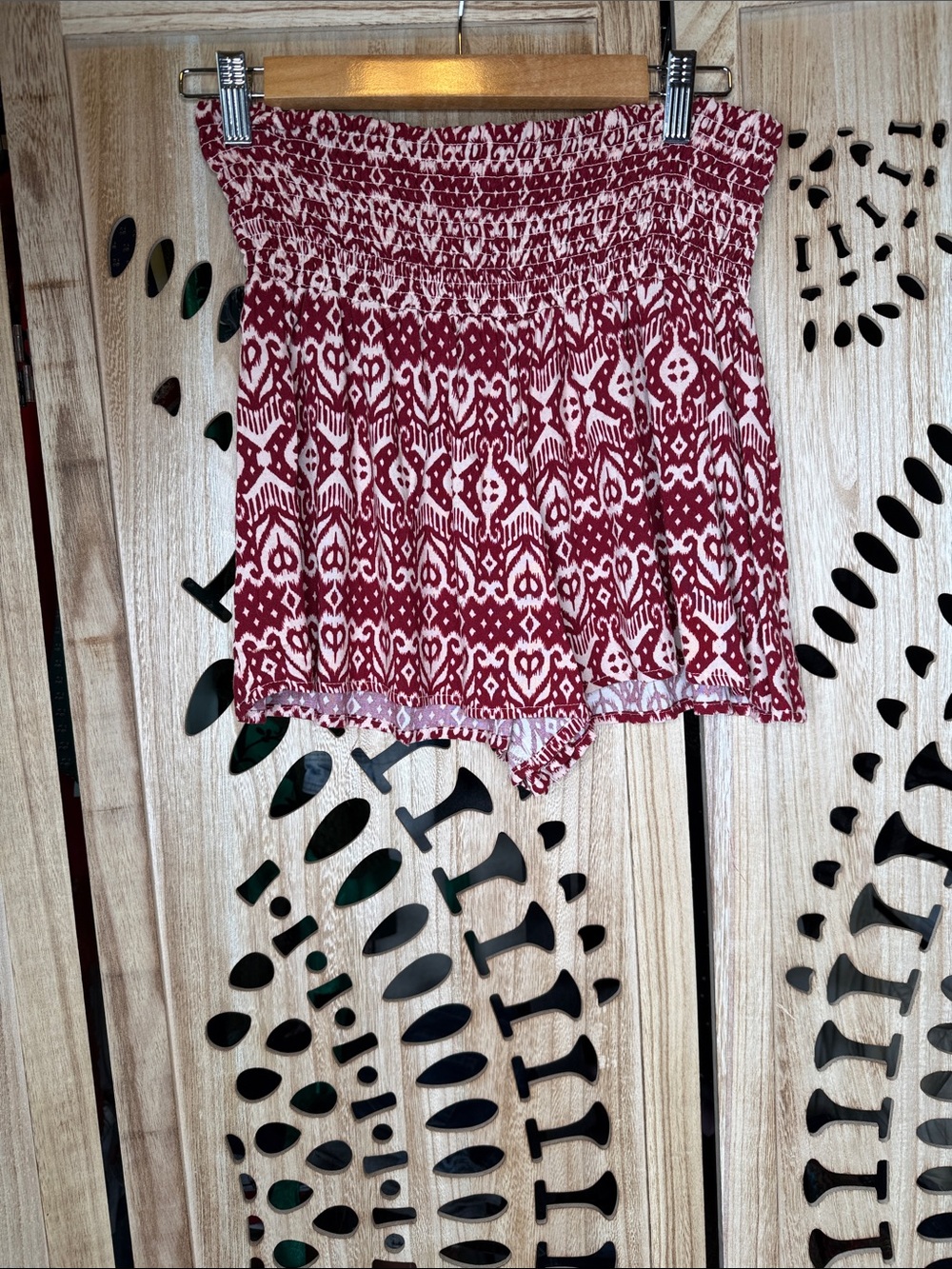 Red Patterned Smocked Waist Women's Bermuda Shorts